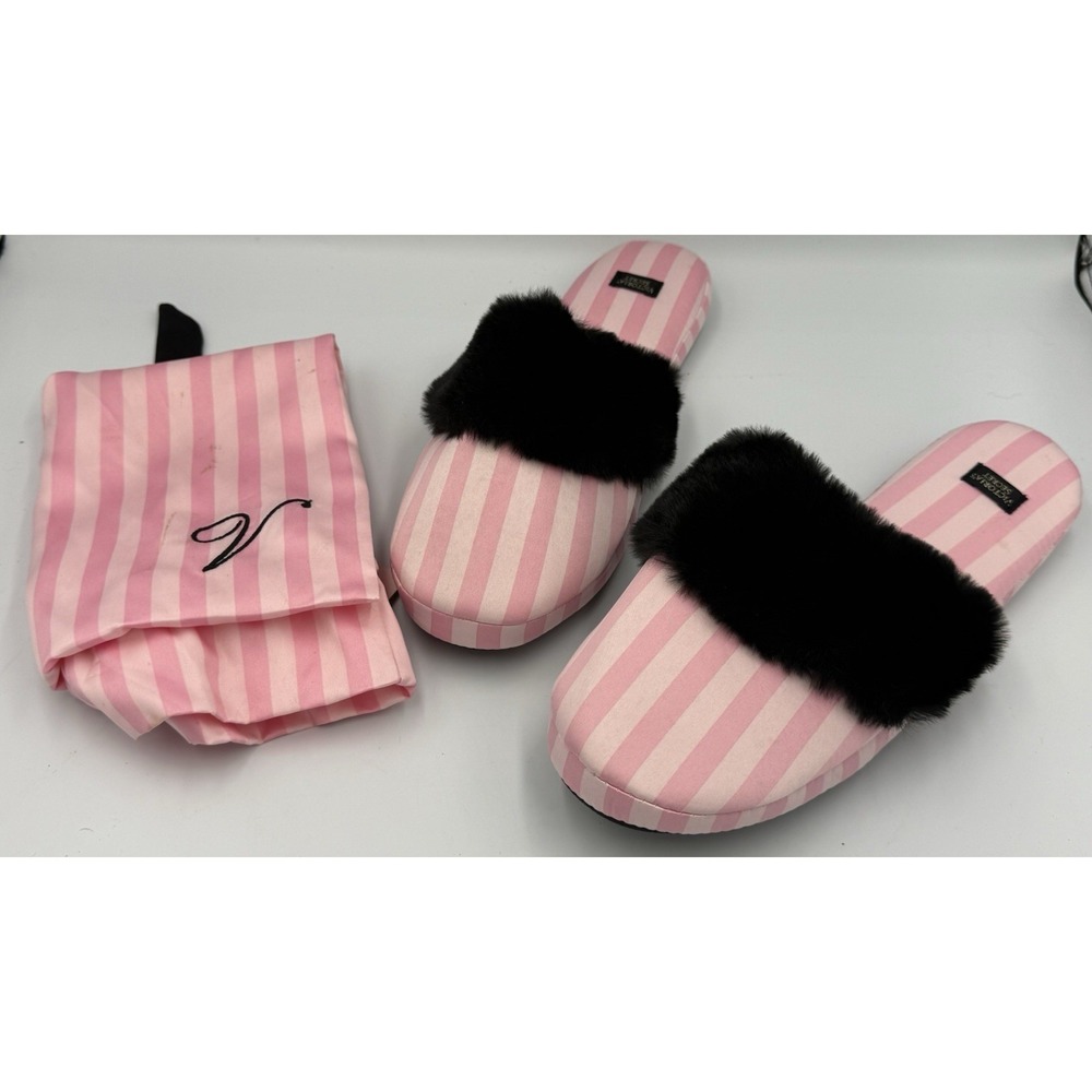 Victoria's Secret Slippers Medium 7/8 Signature Pink Stripe Satin Faux Fur Trim